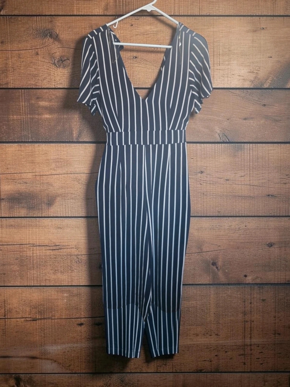 Striped V-Neck Jumpsuit in Navy and White